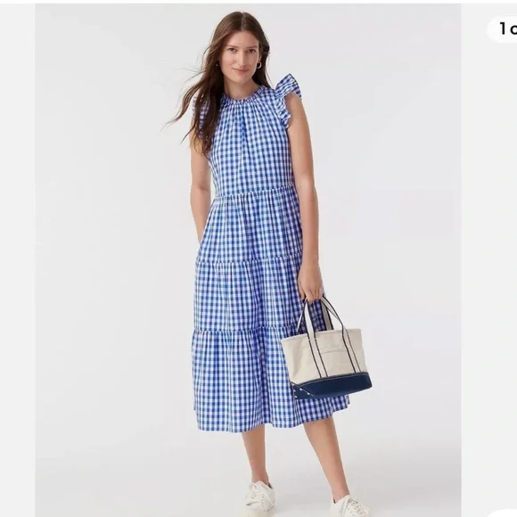 NWT J. Crew Tiered Ruffle-sleeve gingham dress XS SM Tall. - Picture 2 of 10